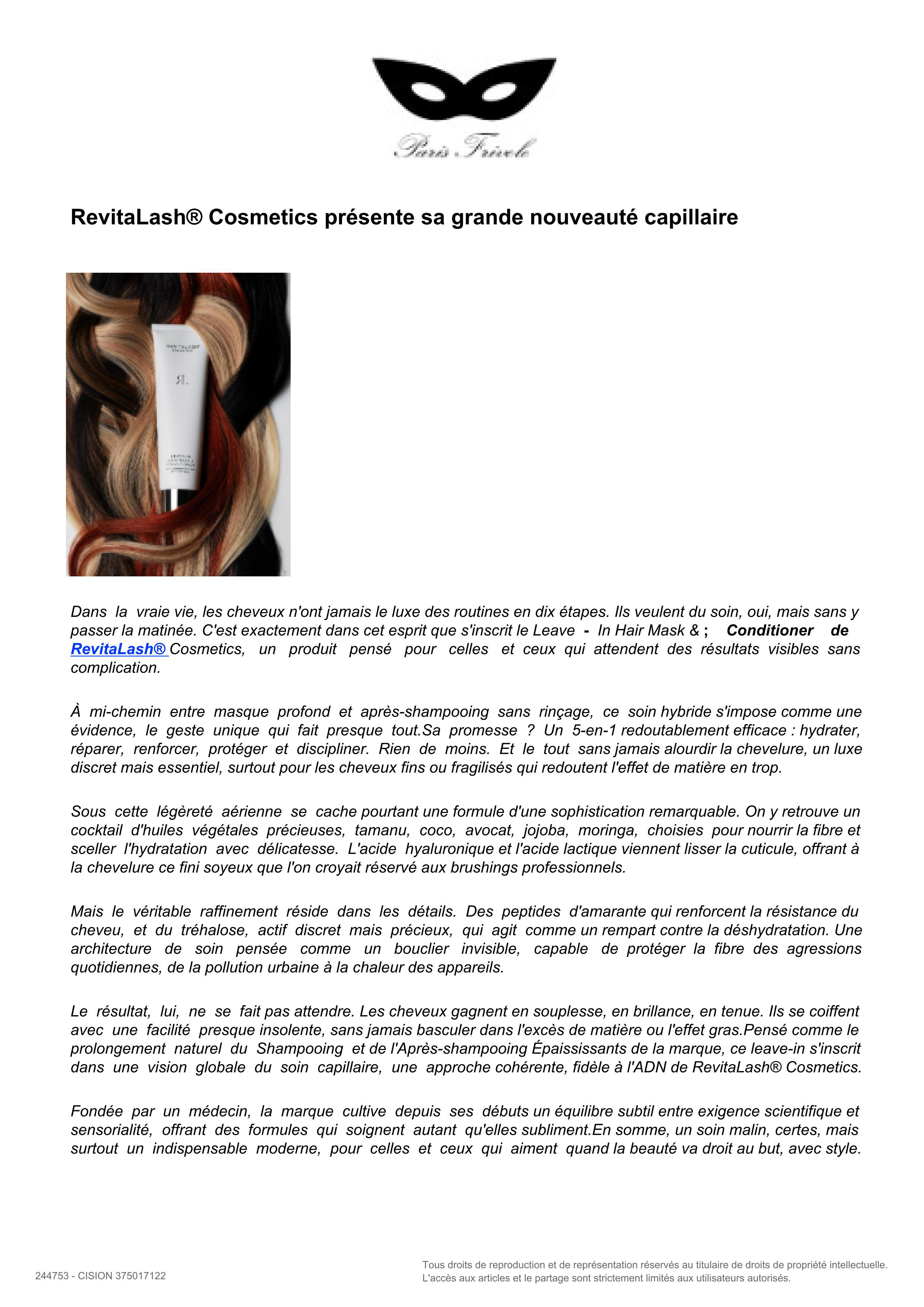 Leave-In Hair Mask & Conditioner de RevitaLash® Cosmetics paru dans Paris Frivole - Avril 2026 